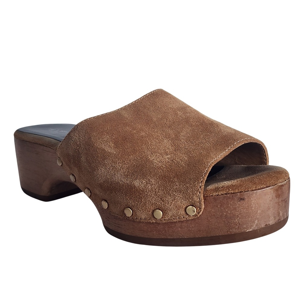Rag & Bone Mara Brown Suede Platform Clog Mules Studded Wood Heel Sandals 38 - Picture 3 of 9